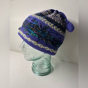 Turtle Fur Wool Blend Knit Beanie Hat Purple Multicolor Pom Winter Ski Cap